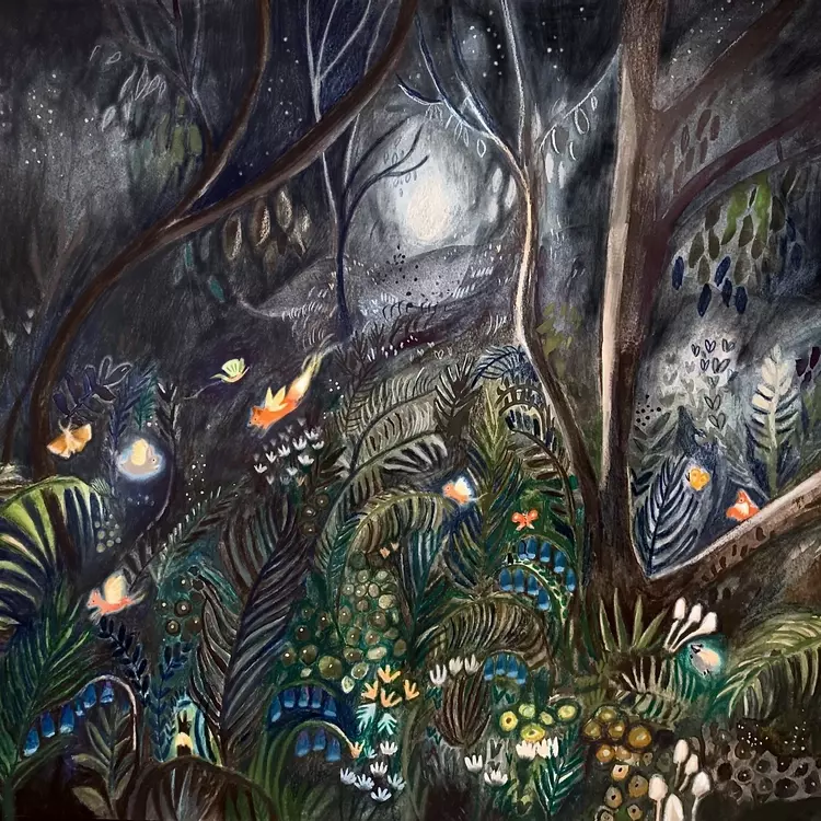 an illustration of a forest lit by moonlight, amongst the leaves there are animal fairies and moths flying around.